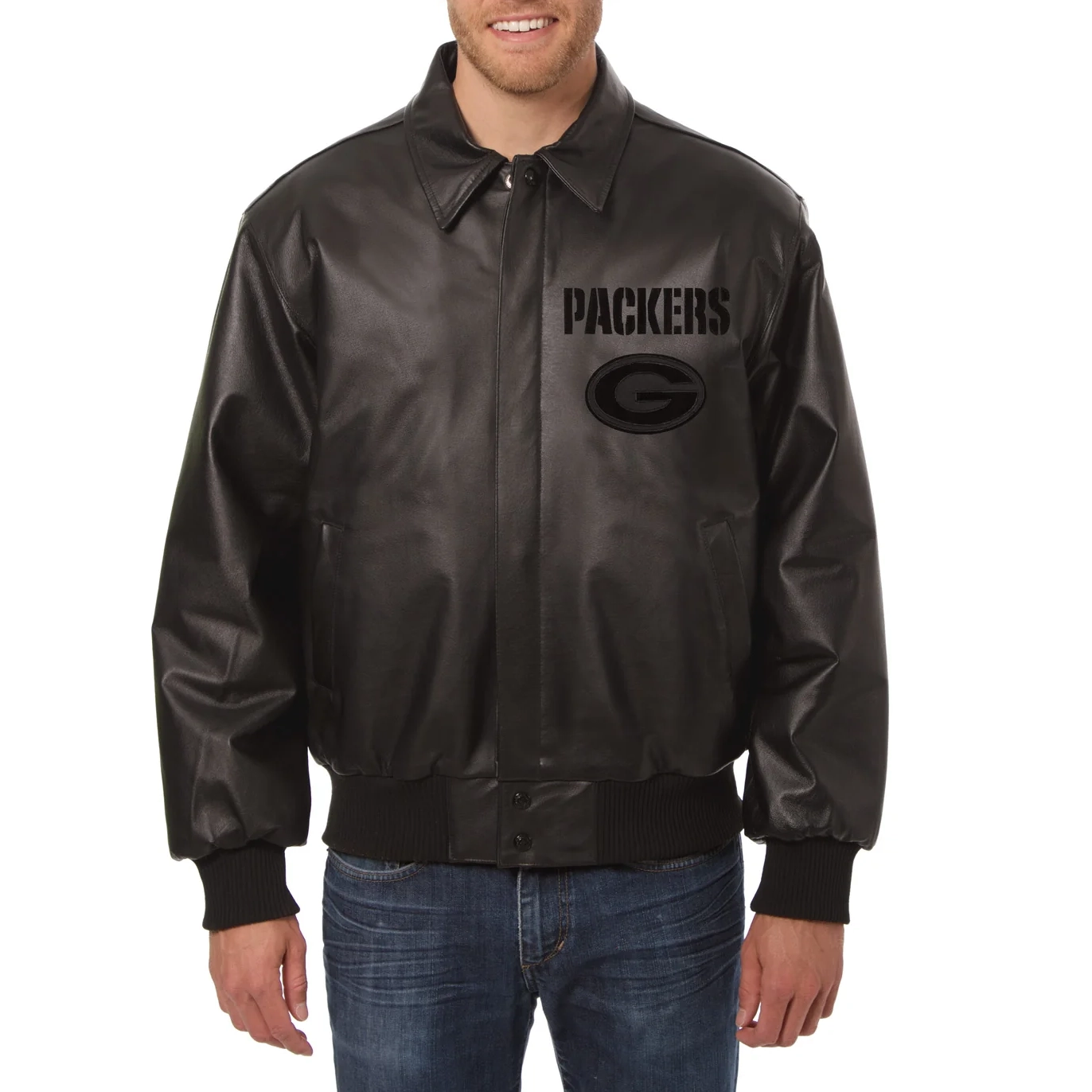 Green Bay Packers Shirt Collar Full Leather Black Tonal Jacket