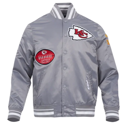 Kansas City Chiefs Old English Full-Snap Gray Satin Varsity Jacket