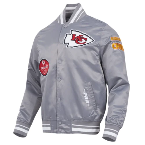 Alternative view of Kansas City Chiefs Old English Full-Snap Gray Satin Varsity Jacket