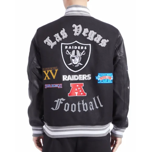 Las Vegas Raiders Old English Wool & Leather Varsity Jacket - Black - Image 4