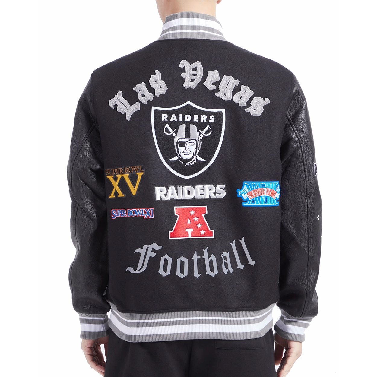 Las Vegas Raiders Old English Wool & Leather Varsity Jacket - Black - Image 4