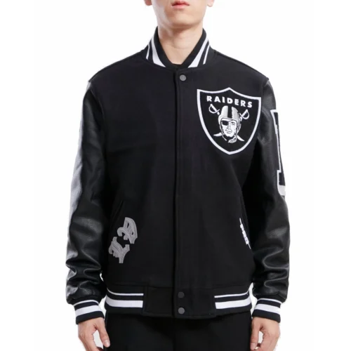 Las Vegas Raiders Old English Black Wool & Leather Varsity Jacket
