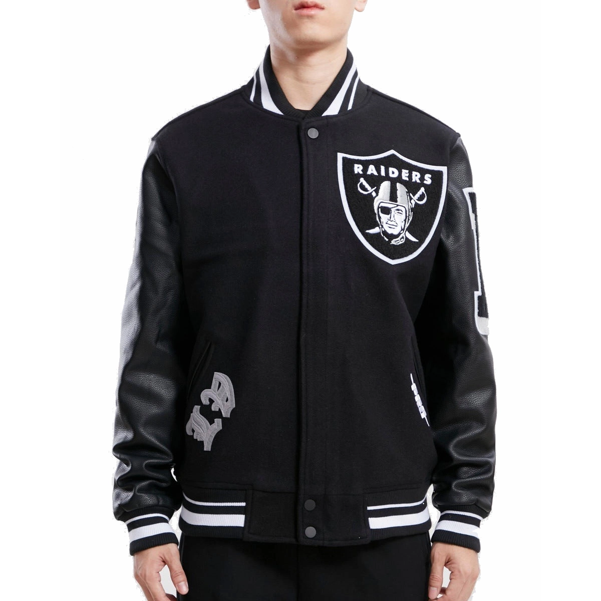 Las Vegas Raiders Old English Black Wool & Leather Varsity Jacket