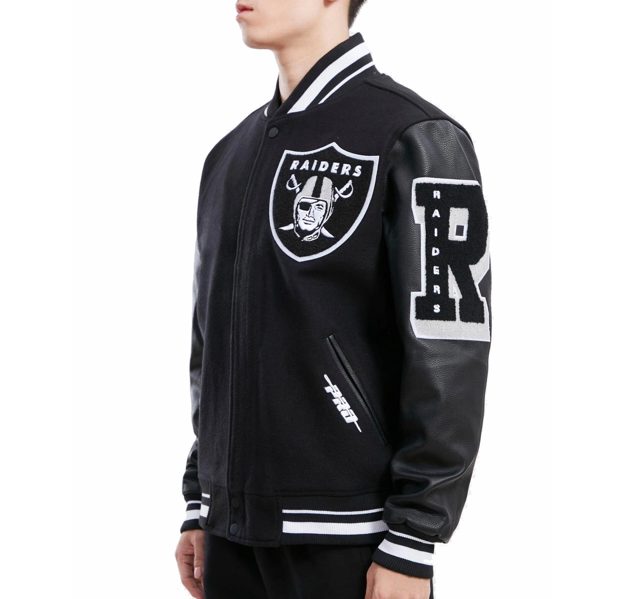 Las Vegas Raiders Old English Black Wool & Leather Varsity Jacket - Image 3