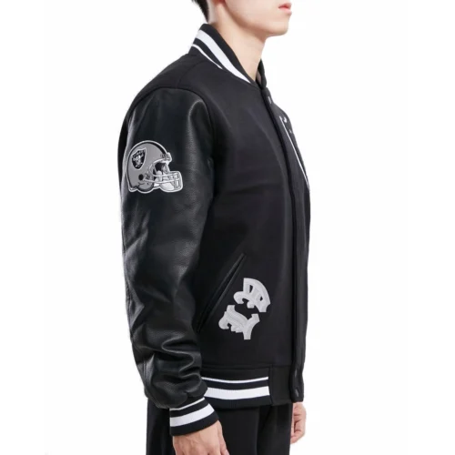 Alternative view of Las Vegas Raiders Old English Black Wool & Leather Varsity Jacket