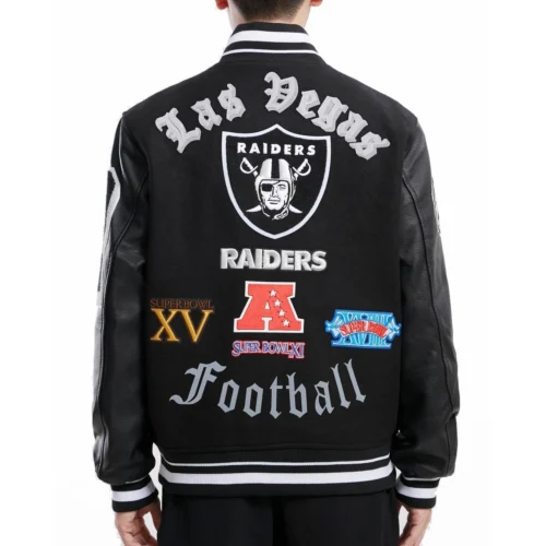 Las Vegas Raiders Old English Black Wool & Leather Varsity Jacket - Image 4