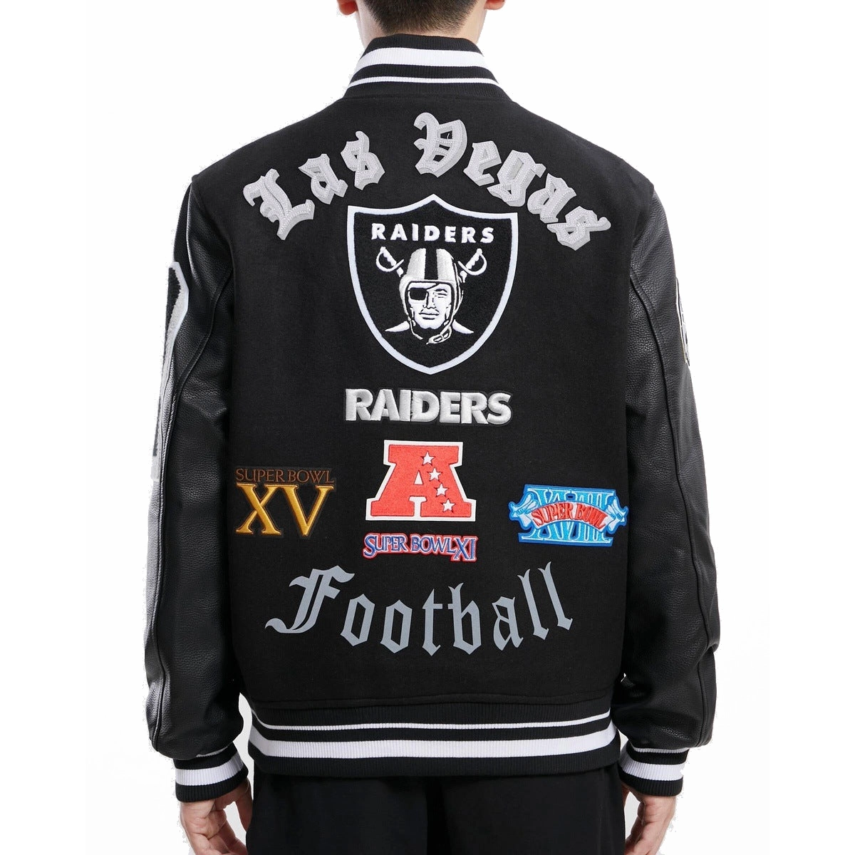 Las Vegas Raiders Old English Black Wool & Leather Varsity Jacket - Image 4
