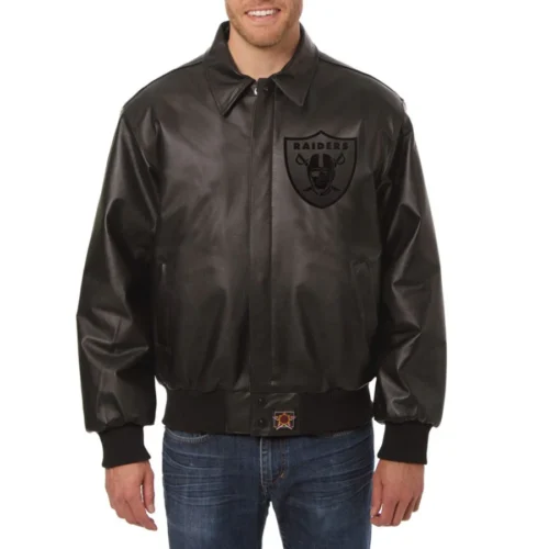 Las Vegas Raiders Shirt Collar Full Leather Black Tonal Bomber Jacket