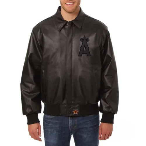 Los Angeles Angels Shirt Collar Full Leather Black Bomber Varsity Jacket