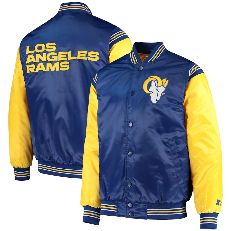 Los Angeles Rams The Enforcer Blue/Yellow Satin Varsity Jacket - Image 4