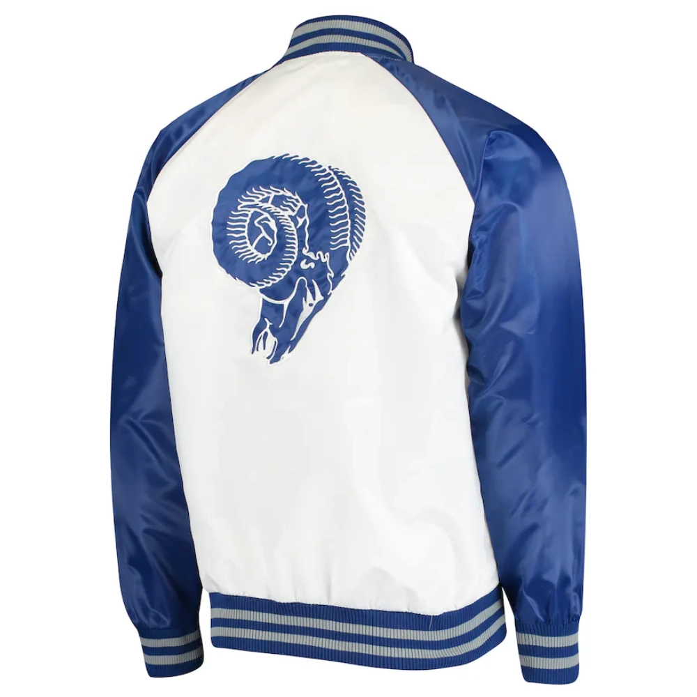 Los Angeles Rams Clean Up Hitter White/Blue Satin Varsity Jacket - Image 2