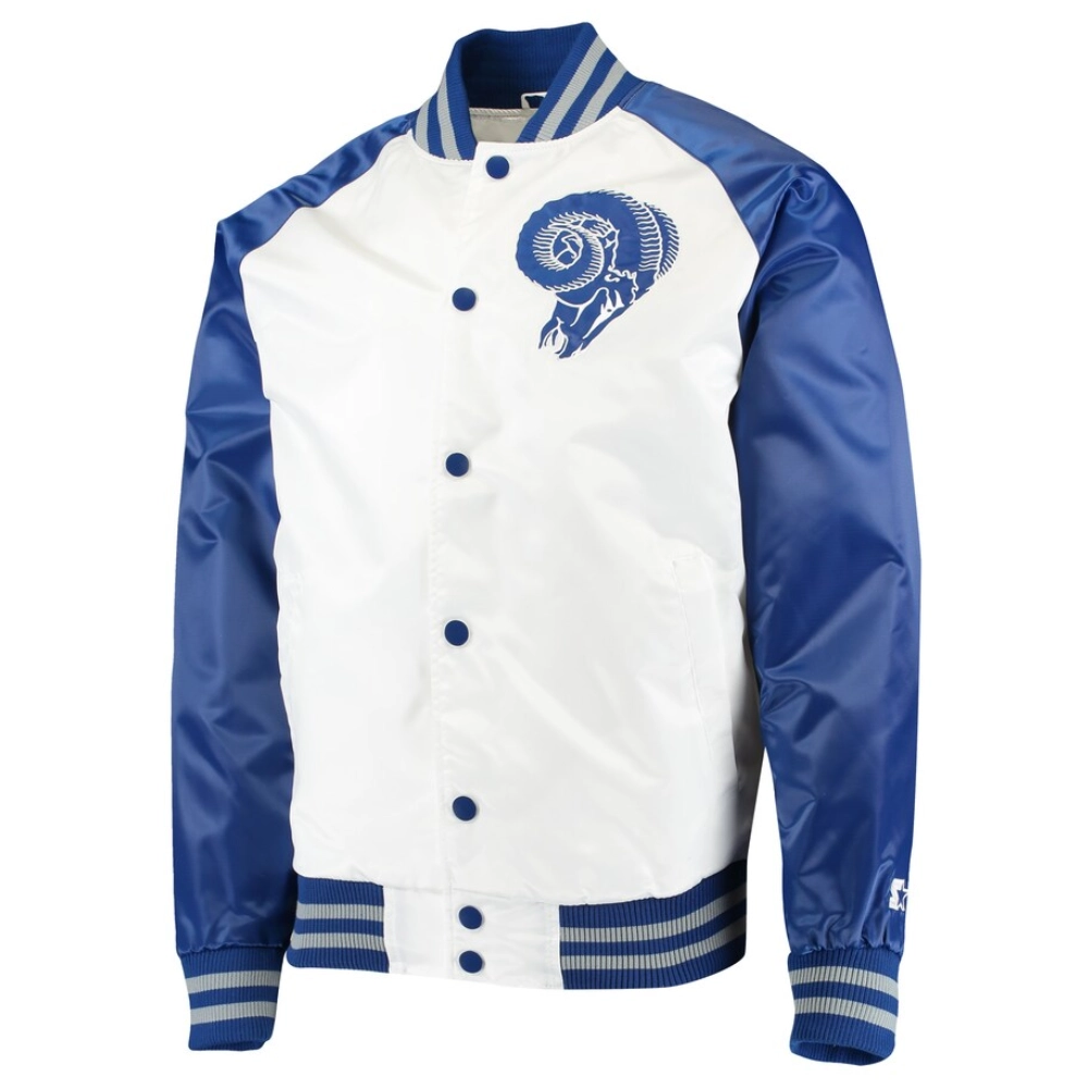 Los Angeles Rams Clean Up Hitter White/Blue Satin Varsity Jacket