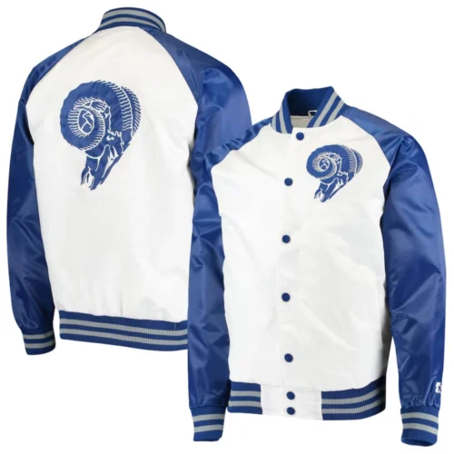 Los Angeles Rams Clean Up Hitter White/Blue Satin Varsity Jacket - Image 4