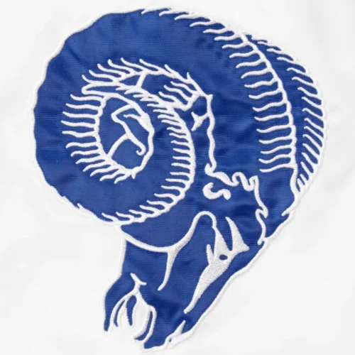 Los Angeles Rams Clean Up Hitter White/Blue Satin Varsity Jacket - Image 3