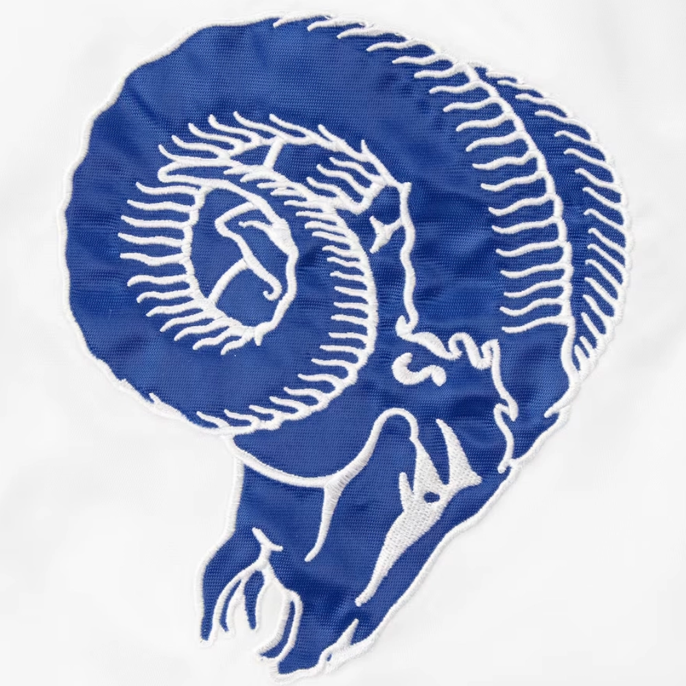 Los Angeles Rams Clean Up Hitter White/Blue Satin Varsity Jacket - Image 3