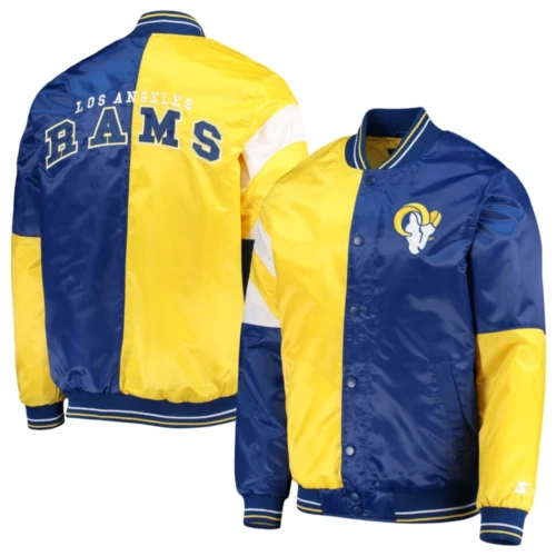 Los Angeles Rams Leader Yellow/Blue Satin Varsity Jacket - Image 4