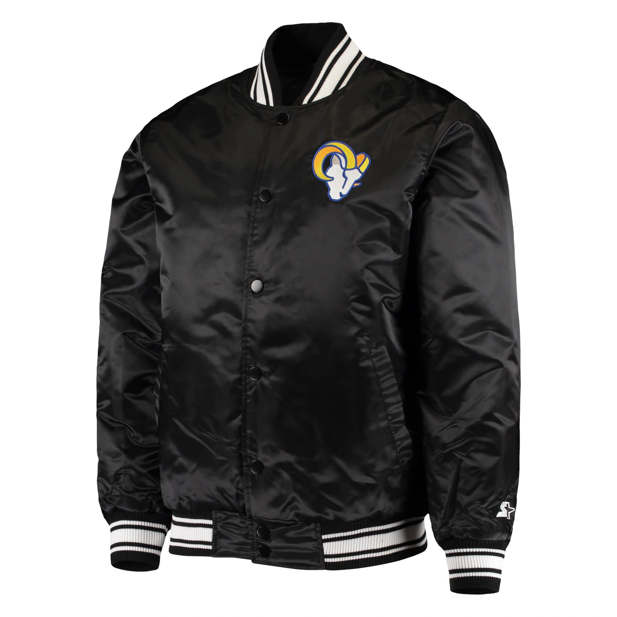 Los Angeles Rams Locker Room Black Satin Varsity Jacket