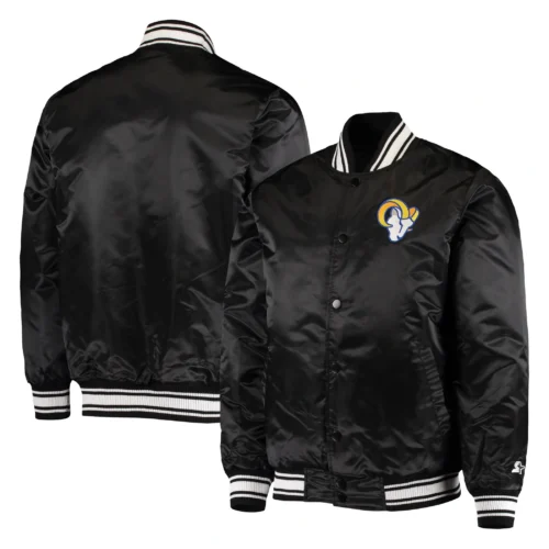 Los Angeles Rams Locker Room Black Satin Varsity Jacket - Image 4
