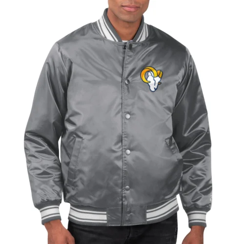 Los Angeles Rams Locker Room Gray Satin Varsity Jacket