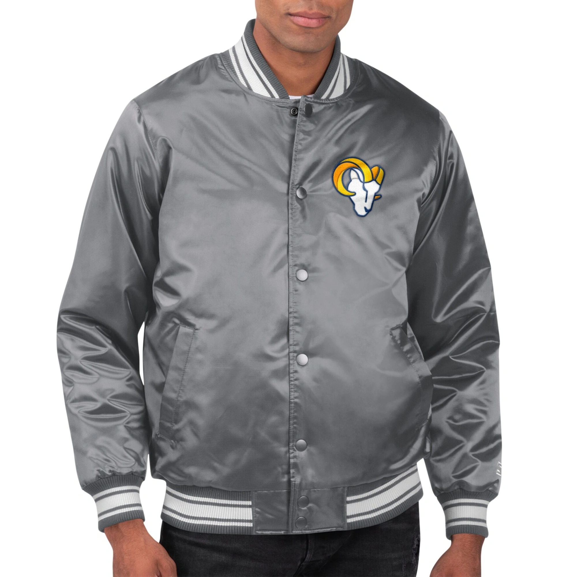 Los Angeles Rams Locker Room Gray Satin Varsity Jacket