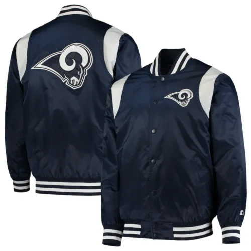 Los Angeles Rams Prime Time Full-Snap Navy Satin Varsity Jacket - Image 4