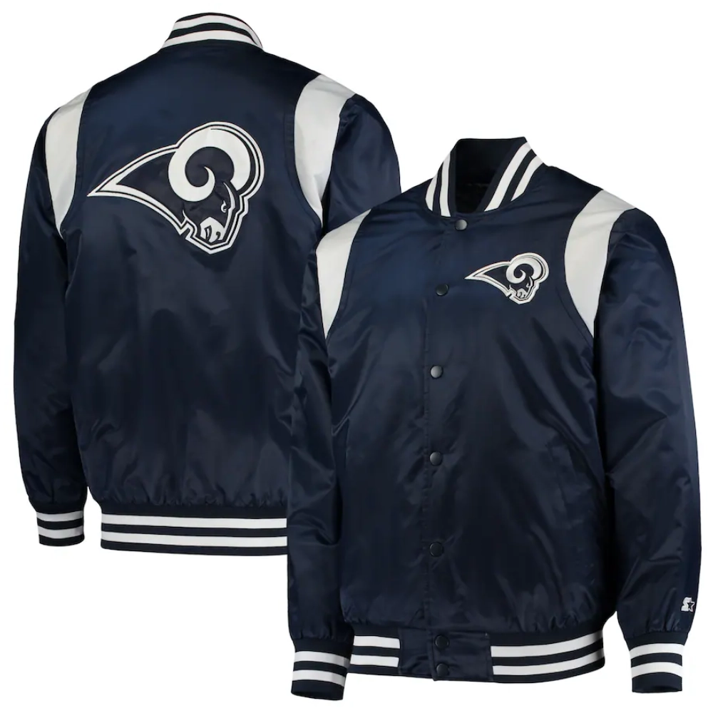 Los Angeles Rams Prime Time Full-Snap Navy Satin Varsity Jacket - Image 4