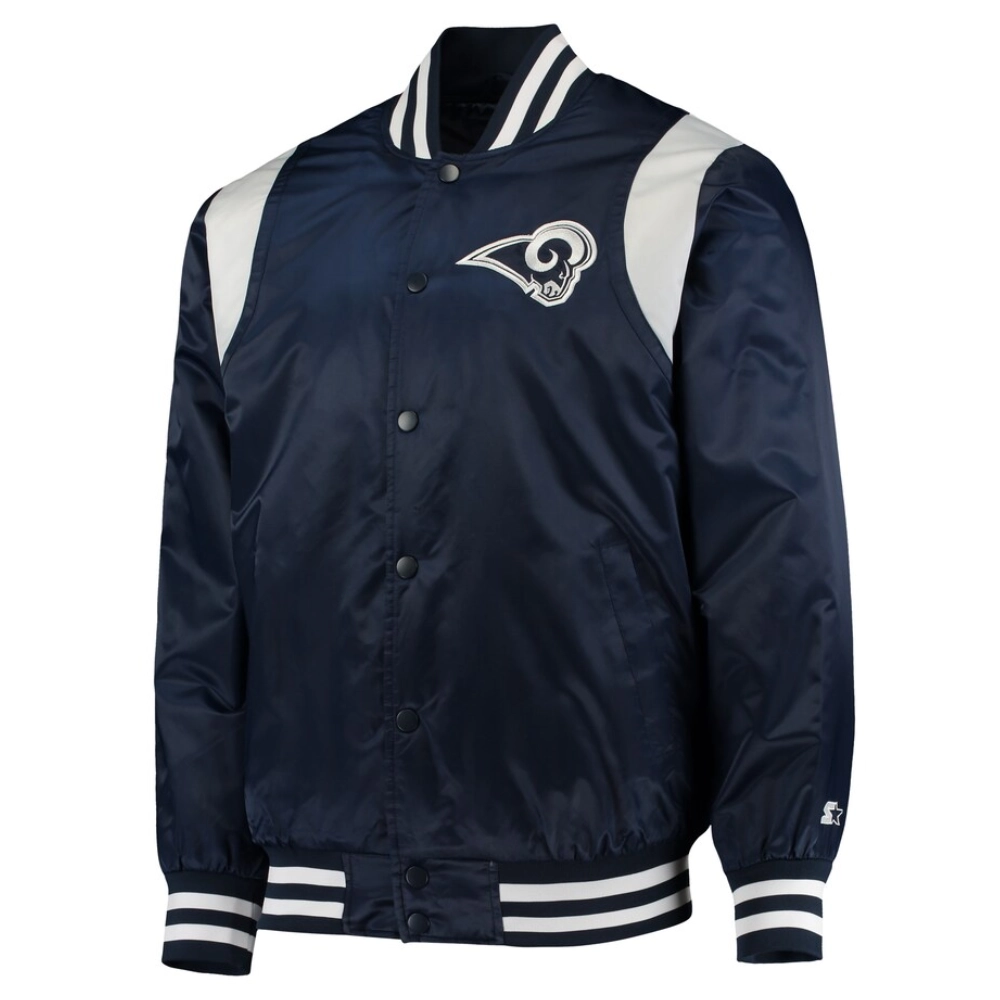 Los Angeles Rams Prime Time Full-Snap Navy Satin Varsity Jacket