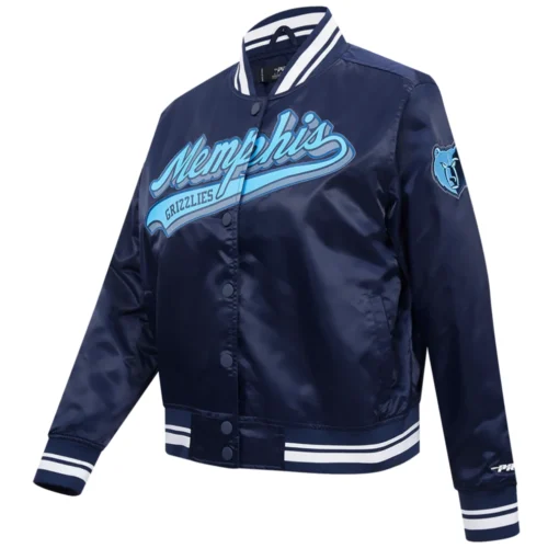 Alternative view of Memphis Grizzlies Script Tail Women's Full-Snap Navy Satin Varsity Jacket
