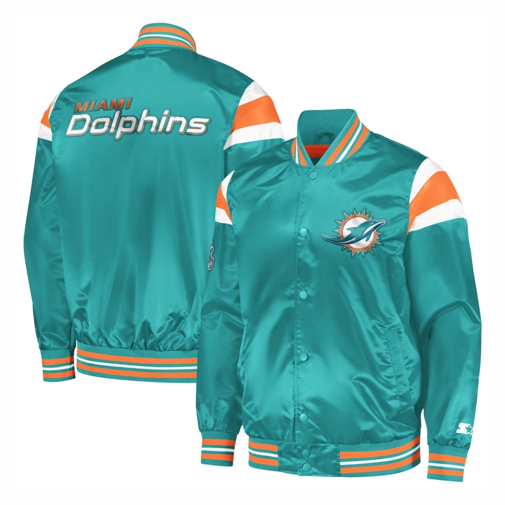 Miami Dolphins Full-Snap Aqua Satin Varsity Jacket - Image 3