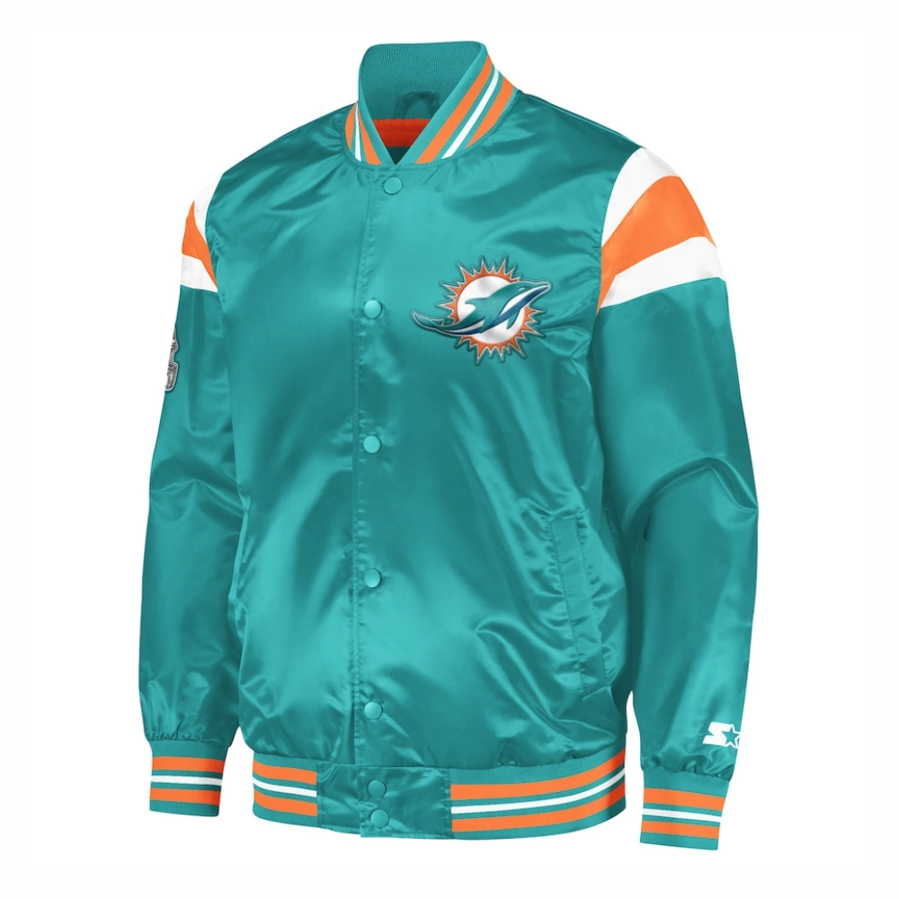 Miami Dolphins Full-Snap Aqua Satin Varsity Jacket