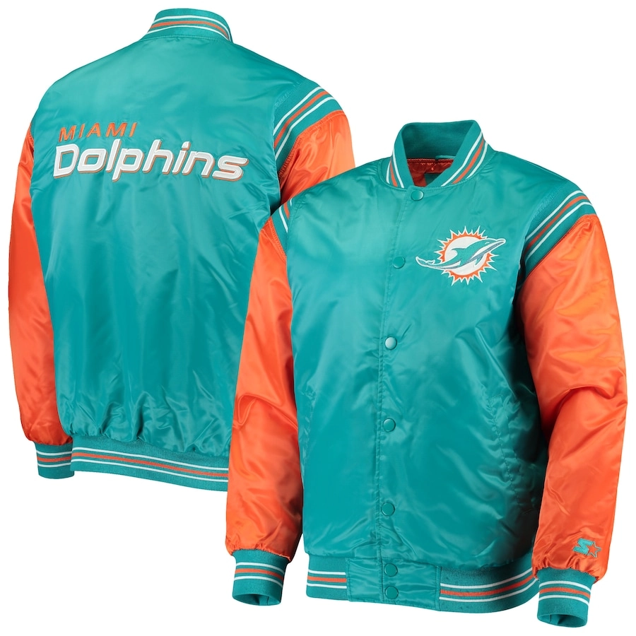Miami Dolphins The Enforcer Aqua/Orange Satin Varsity Jacket - Image 4