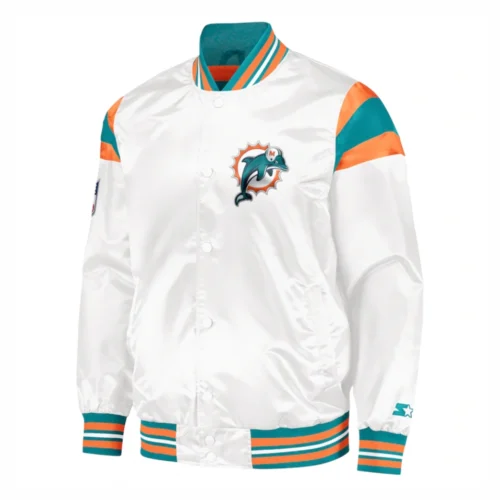Miami Dolphins Full-Snap White Satin Varsity Jacket