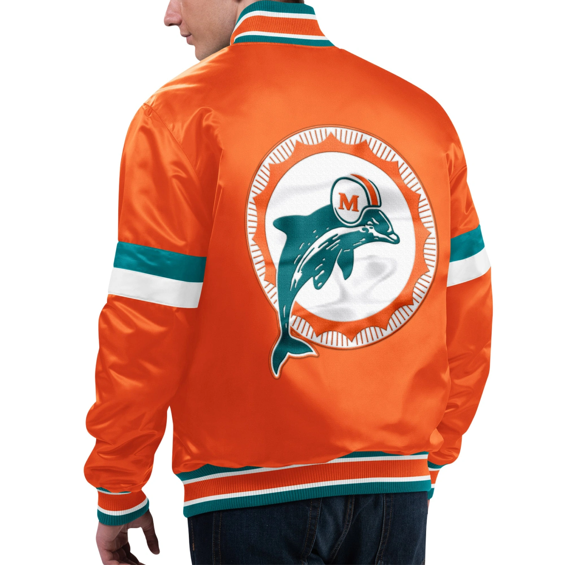 Miami Dolphins Gridiron Classics Home Game Orange Satin Varsity Jacket - Image 2