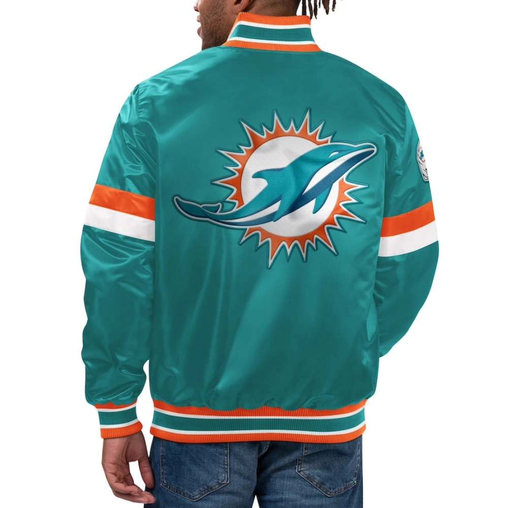 Miami Dolphins Home Game Aqua Satin Varsity Jacket - Image 2