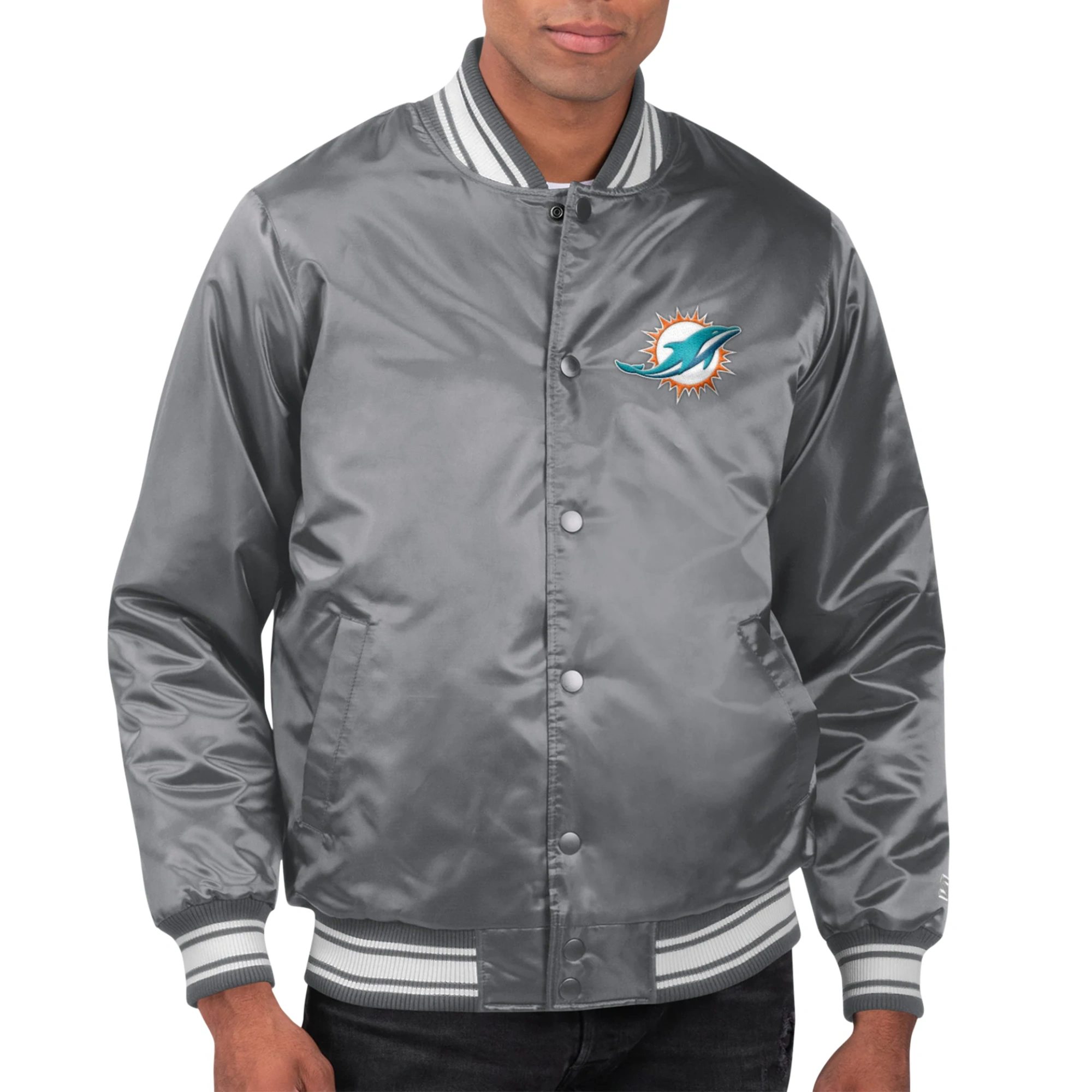 Miami Dolphins Locker Room Gray Satin Varsity Jacket