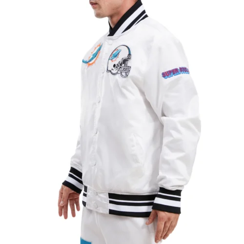 Alternative view of Miami Dolphins Mashup Logo Full-Snap White Satin Varsity Jacket