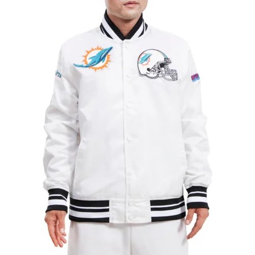 Miami Dolphins Mashup Logo Full-Snap White Satin Varsity Jacket