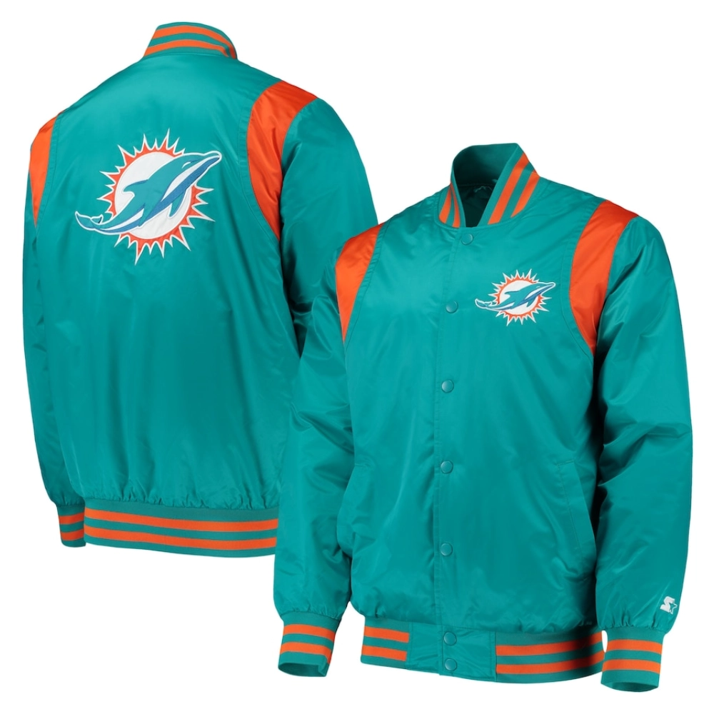 Miami Dolphins Prime Time Full-Snap Aqua Satin Varsity Jacket - Image 4