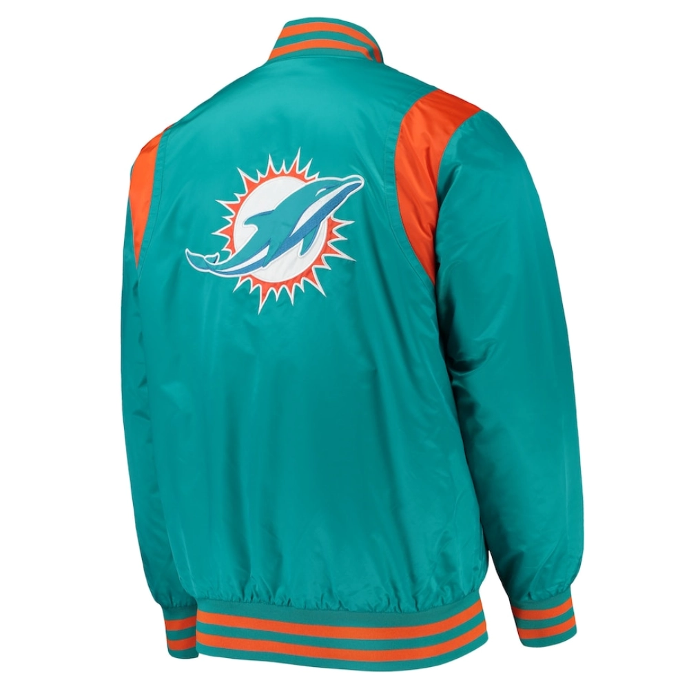 Miami Dolphins Prime Time Full-Snap Aqua Satin Varsity Jacket - Image 2