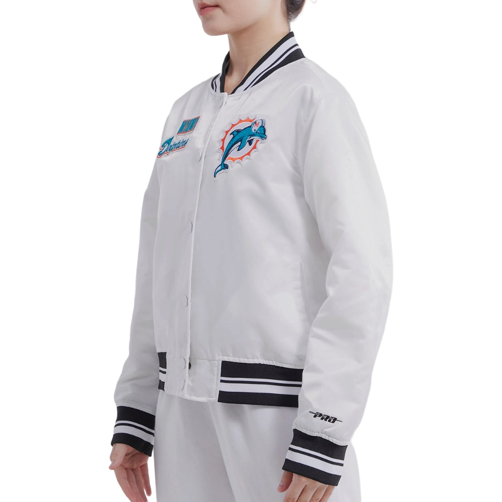 Miami Dolphins Retro Classic Full-Snap White Satin Varsity Jacket - Image 2