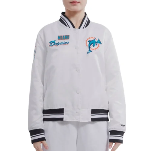 Miami Dolphins Retro Classic Full-Snap White Satin Varsity Jacket