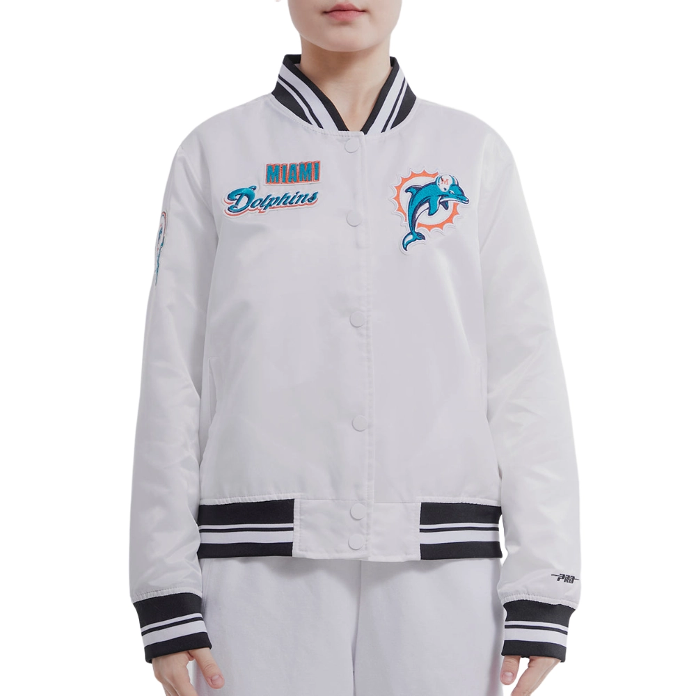 Miami Dolphins Retro Classic Full-Snap White Satin Varsity Jacket