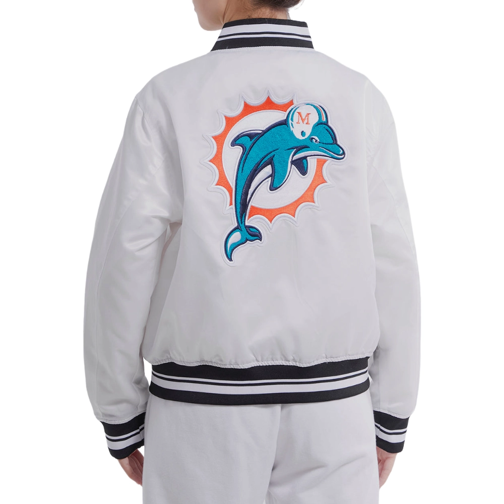 Miami Dolphins Retro Classic Full-Snap White Satin Varsity Jacket - Image 3
