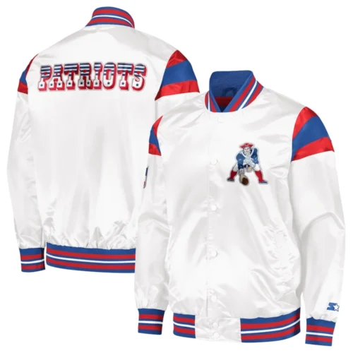 New England Patriots Full-Snap White Satin Varsity Jacket - Image 3