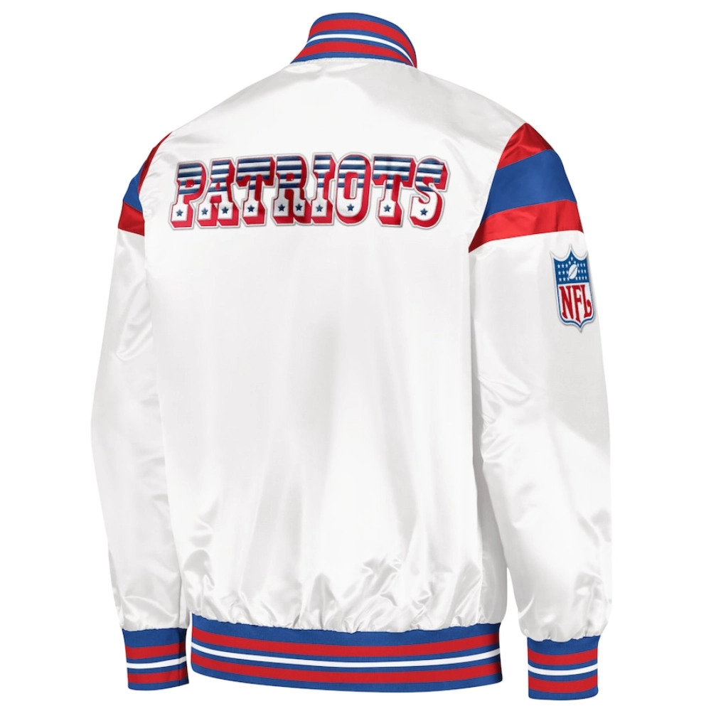 New England Patriots Full-Snap White Satin Varsity Jacket - Image 2