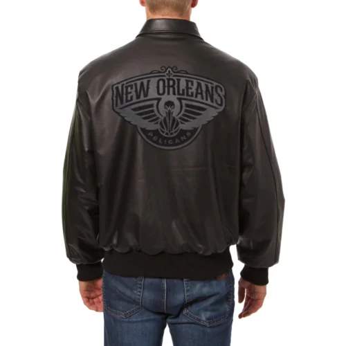 Alternative view of New Orleans Pelicans Shirt Collar Full Leather Black Bomber Varsity Jacket