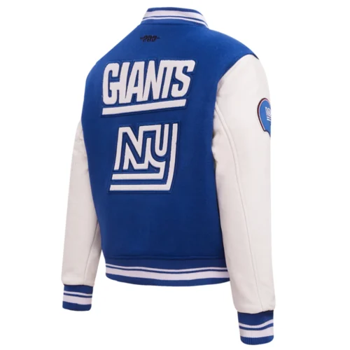 New York Giants Retro Classic Women's Blue/White Wool & Leather Varsity Jacket - Image 3