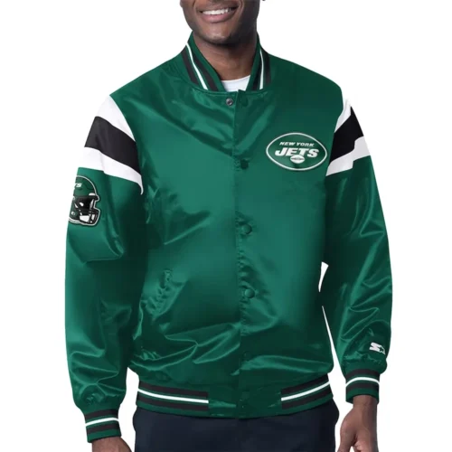 New York Jets Full-Snap Green Satin Varsity Jacket