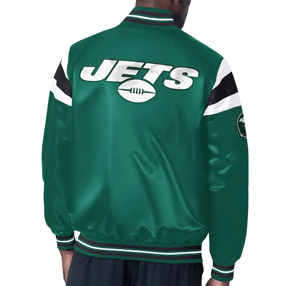 New York Jets Full-Snap Green Satin Varsity Jacket - Image 2