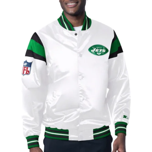 New York Jets Full-Snap White Satin Varsity Jacket